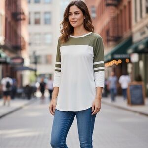 Arizona Ringer Tee T-Shirt Small Raglan Sleeve Olive Green White Stripe Pullover